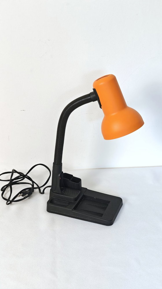 Vintage Orange Gooseneck Desk Lamp, 1990s Memphis Style Task Light, Organizer Base, Table lamps, Plastic (photo 8 of 9)