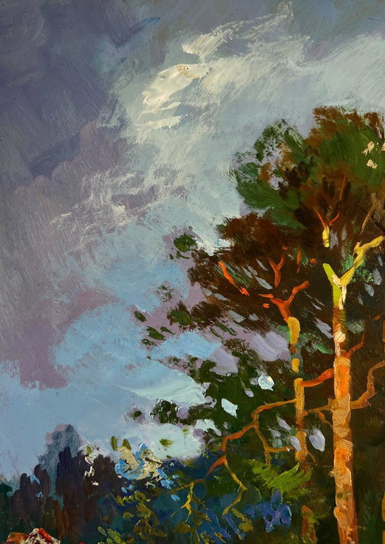 Image 1 of Original Oil Painting Summer Coastal Landscape Forest descending to the river banks