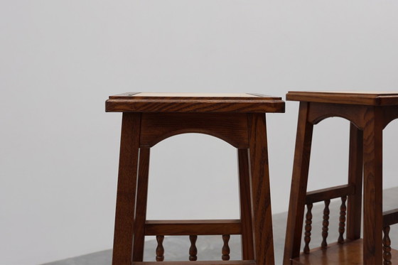 Image 1 of  Pareja de mesas auxiliares rústicas de madera del siglo XX con tapa de cerámica, Francia