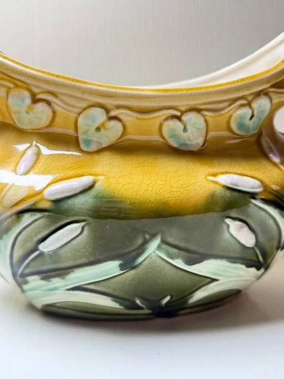 Vaso Barbotine Art Nouveau Antico, Firmato Orchies (c. 1900), Vasi per piante, Porcellana, Giallo (foto 4 di 6)