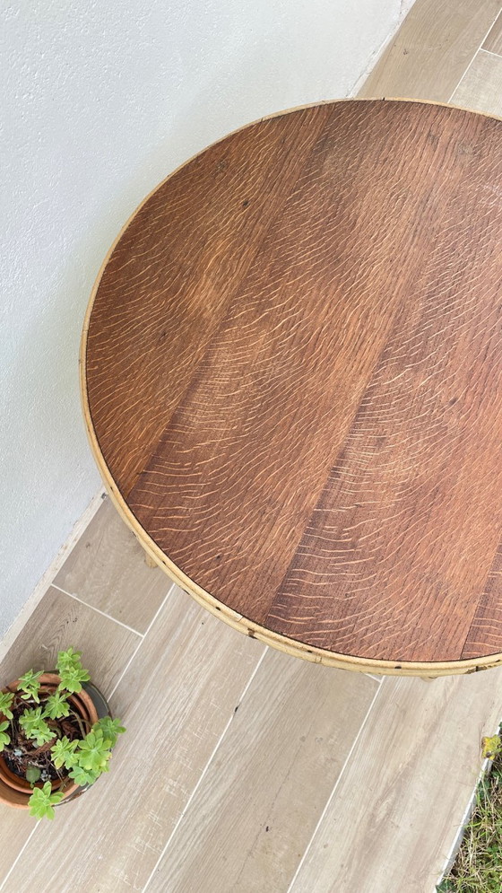 Image 1 of TABLE Basse RONDE Rotin et Chêne VINTAGE
