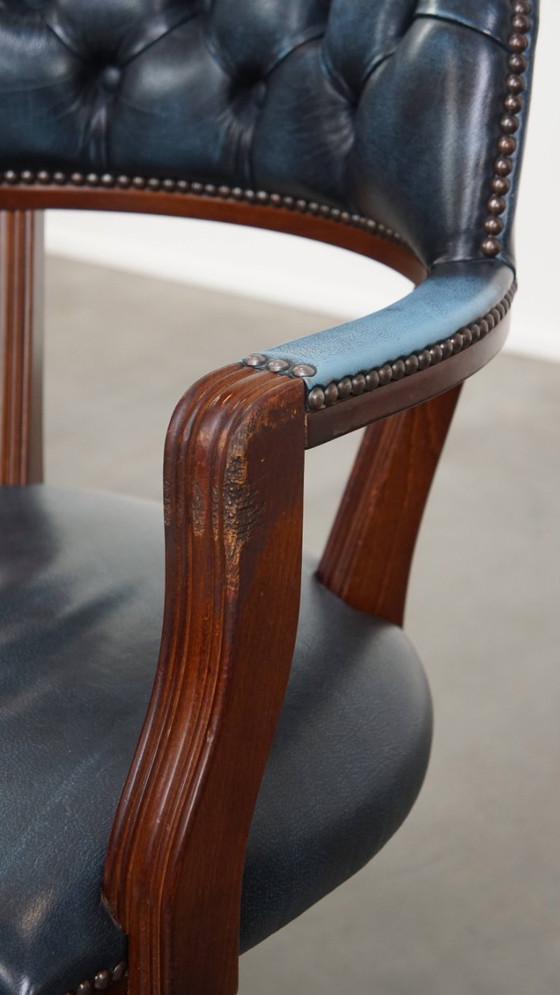 Image 1 of Blue cowhide leather and wood chesterfield office chair in English style