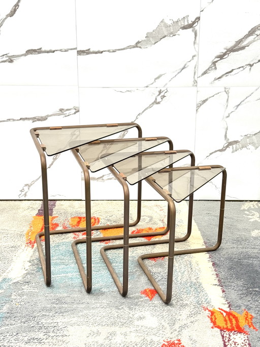 Set 4 side tables Modular Metal And Glass 1960's Design Modernism