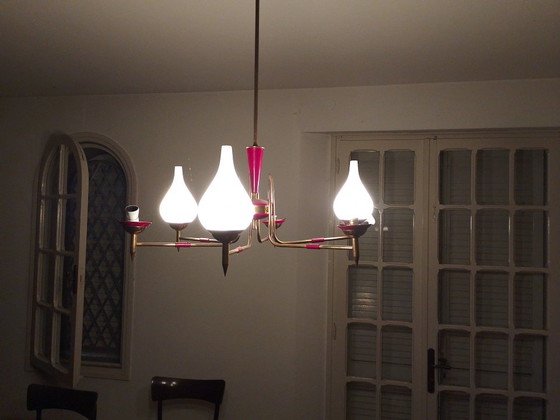 Image 1 of Vintage hanglamp van rood metaal en glas uit de jaren 50