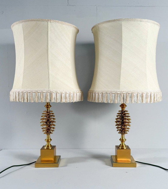 Image 1 of Set of 2 table lamps by Maison Charles, Hollywood Regency, pine cone/pine, France, 1970s