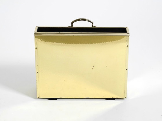 Image 1 of Extraordinary 1980s newspaper rack made of brass and wood in Hollywood Regency design