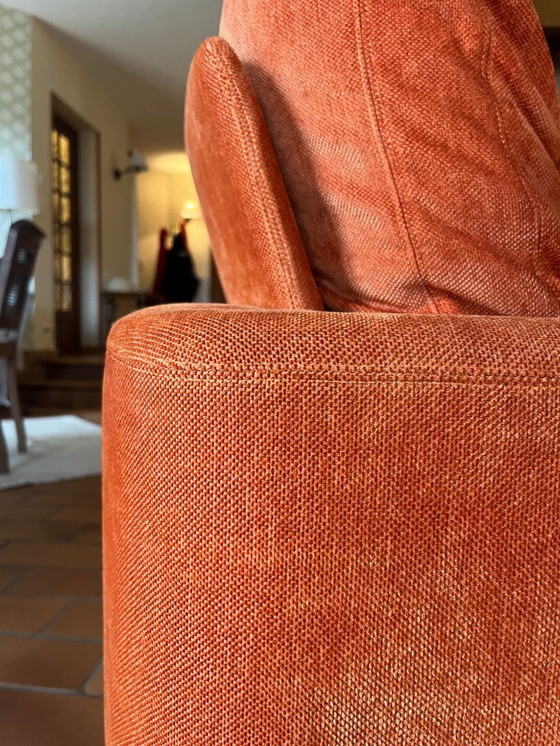 Image 1 of Viscoti vintage stoffen bank met chaise longue in roest/oranje