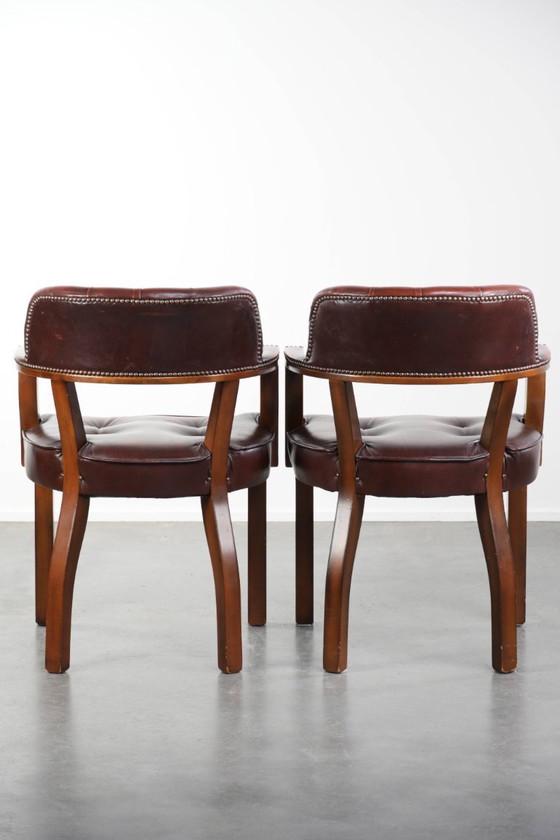 Image 1 of 2 x Donkerbruine rundleren chesterfield eetkamer/ bijzet/ bureaustoel in Engelse stijl