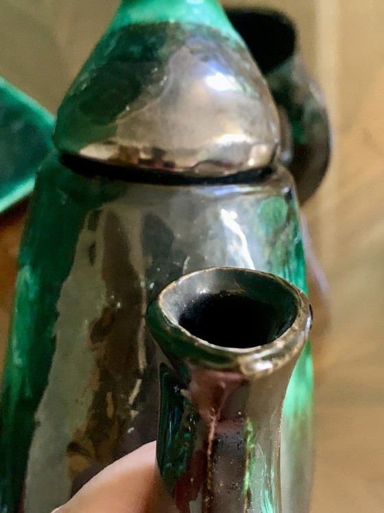 Service À Café / Thé Sculptural Vallauris Vintage — Émail Vert Émeraude Réactif & Noir Profond (Années (photo 11 of 15)