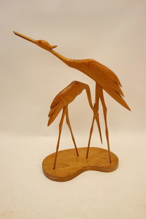Vintage grote Kraanvogels gemaakt van hout op voet,1960 Scandinavie