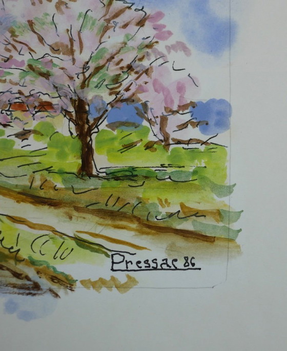 Image 1 of Small painting by Marcel Pressac - Spring landscape, dated and signed.