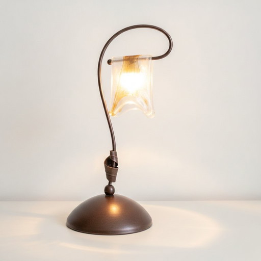 Italian Vintage Table Lamp with Amber-Colored Thick Glass Shade,