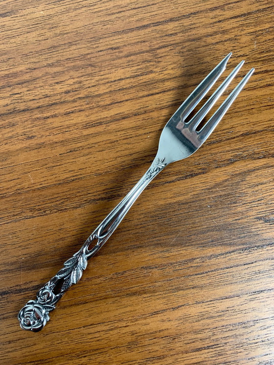 Image 1 of Set of 10+1 Japanese Stainless Steel Dessert Forks, Rose Pattern, 1970