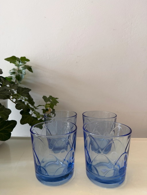Set of 4 Vintage Blue Glass Water Glasses