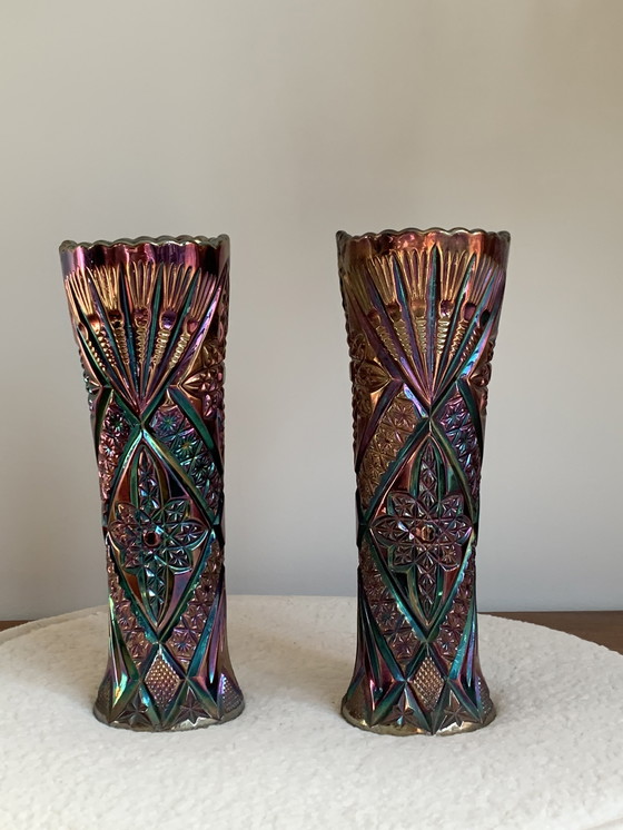 Image 1 of Vintage Brockwitz Carnival Glass Vases - Set of 2