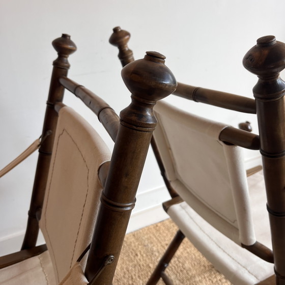 2 vintage campagne stoelen faux bamboo | jaren 70/80 Vintage – Eetkamerstoelen, Canvas, Wood (photo 9 of 12)