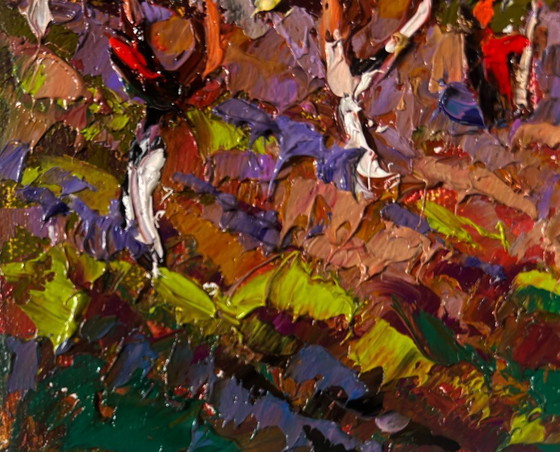 Image 1 of Original Oil Painting Gloomy Trees Landscape Gardens in bloom spring is unfolding