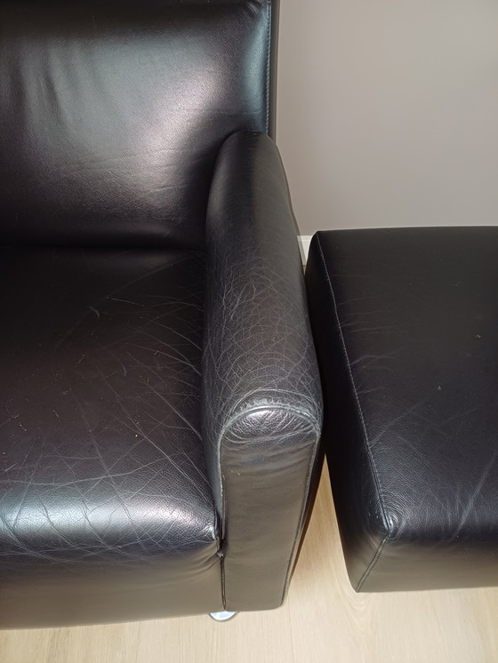 Image 1 of Leolux Rooby, Black Leather Armchair with Poof