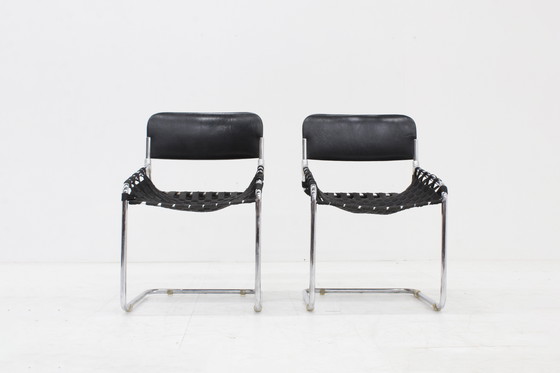 Image 1 of Vintage Italiaanse stoelen zwart leer en chroom, jaren 70