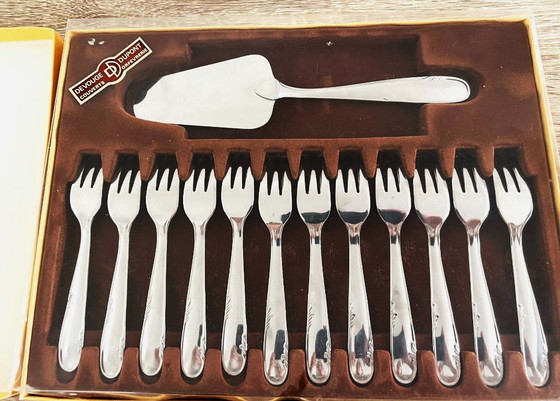 Image 1 of Scatola da 12 forchette in acciaio inossidabile e 1 cucchiaio da dessert degli argentieri Devouge Dupont
