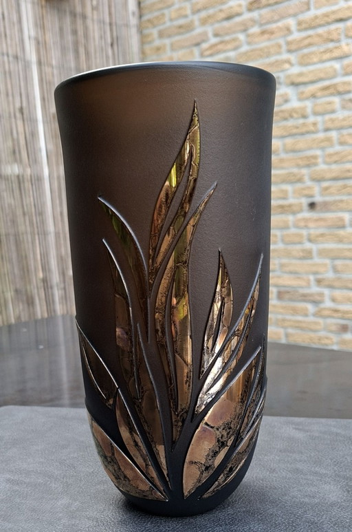 Sculptural vintage glass vase with bronze-colored leaf motif