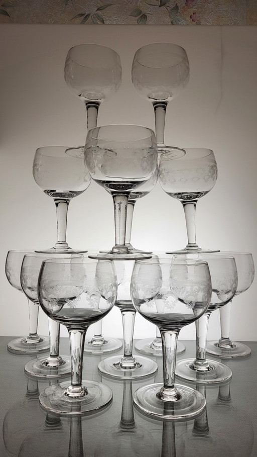 9 Guilloche Wine Glasses Deb. 20th C.