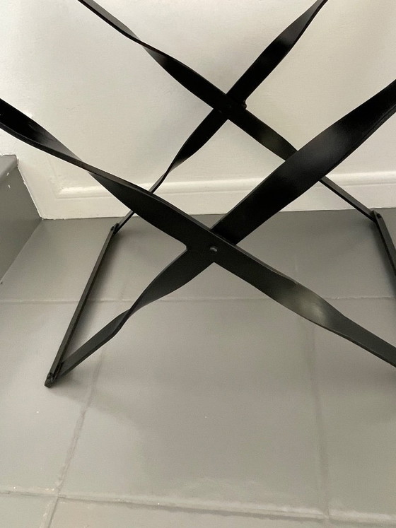 Image 1 of Tabouret haut pliant / taburette en métal et cuir tressé
