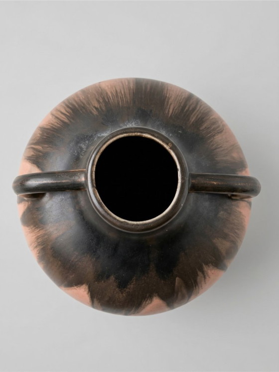Image 1 of Stoneware vase signed Méténier, double handle, pink and black flamed glaze – 22 cm