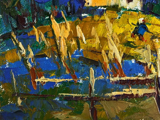 Image 1 of Original Oil Painting Summer Houses Landscape Village evening tranquility