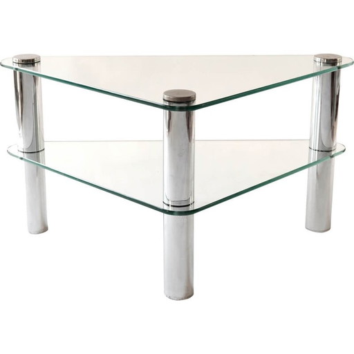 Mesa de centro triangular italiana vintage de vidrio y cromo, años 70