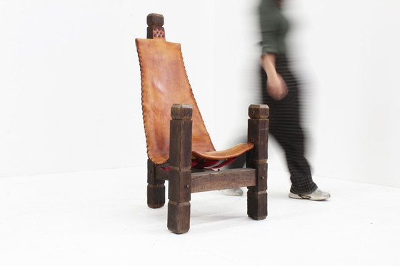 Image 1 of Vintage Brutalist tripod chair leather and wood