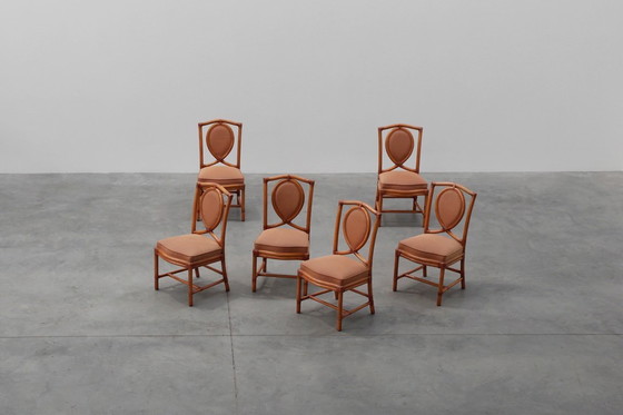 Image 1 of Set of 6 bamboo dining room chairs with geometric upholstery by Gasparucci, Italy 1980s