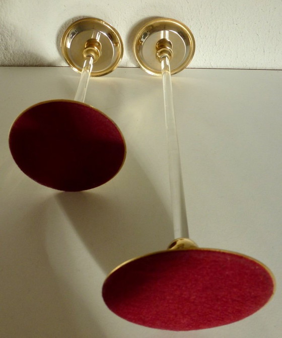 Image 1 of 2x Vintage Candlesticks lucite (plexiglass) with brass by or in the style of Estrid Maria Ericson.