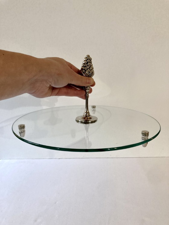 Image 1 of Tagliere/paletta per formaggi in vetro e metallo argentato