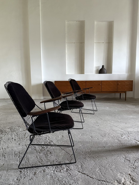 Image 1 of CEES BRAAKMAN & ADRIAAN DEKKER PER PASTOE “FM 06 WIRE CHAIR” SEDIA TEAK CORDA VELLUTO METALLO ANNI '50