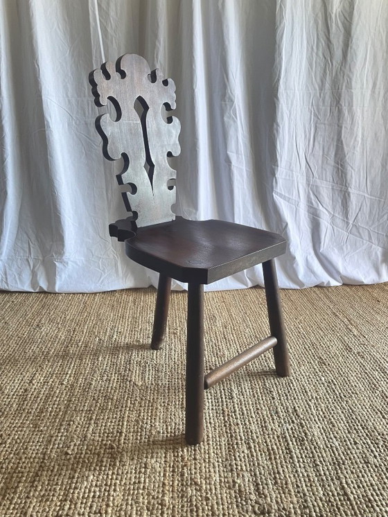 Image 1 of Vintage Brutalist Carved Tripod Stool