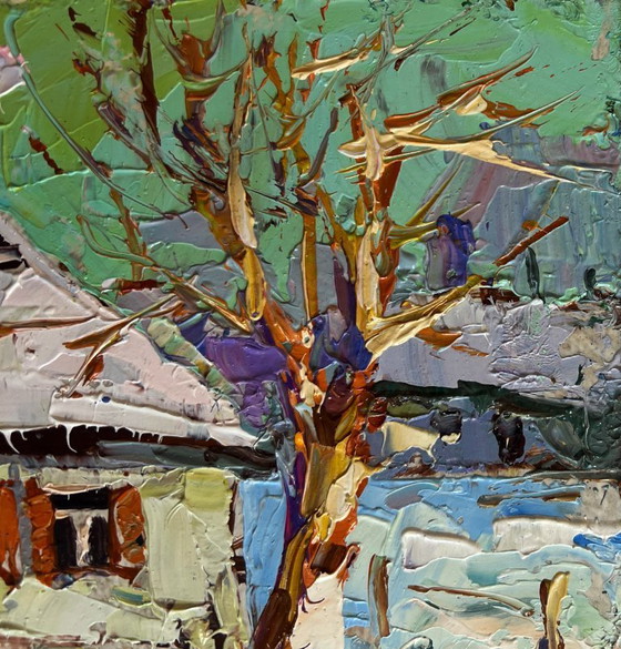 Image 1 of Original Oil Painting Winter Houses Landscape Saturday winter day