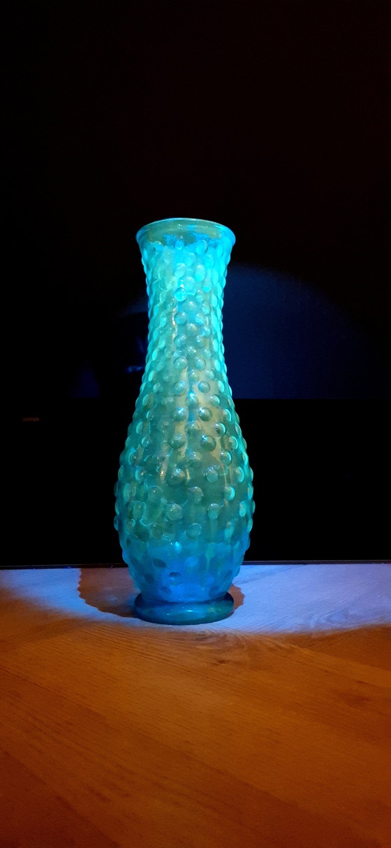 Image 1 of Vintage Empoli Hobnail Vaas Blauw Glas UV Reactief Italië 1960