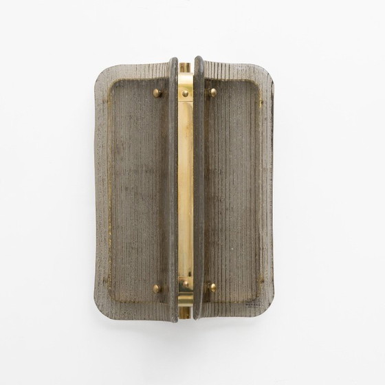 Image 1 of Paar gebogener, gerippter Wandleuchten aus Muranoglas und Messing