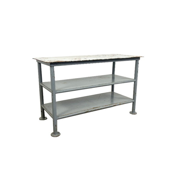 Industrial metal shelving unit, gray and white, Plant table, Grey, Vintage (photo 2 of 9)