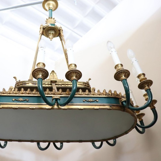 Lampadario in bronzo dorato e metallo laccato verde, 20 lampadine, Italia, inizio XX secolo. – Bronze (photo 17 of 18)