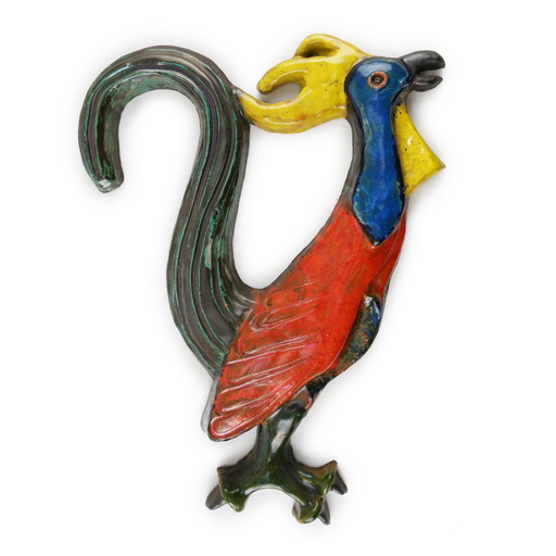 Vintage Ceramic Plaquette of a Colorful Rooster Signed A. Dandoy, Belgium 1960s