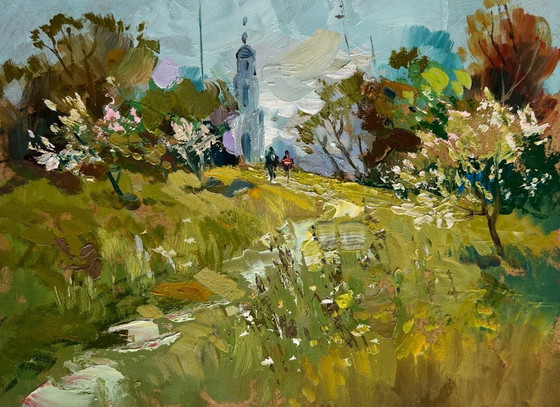 Image 1 of Original Oil Painting Summer Road Landscape The road to the church