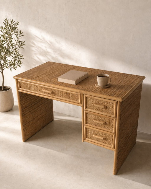 Escritorio vintage de bambú y ratán estilo boho chic