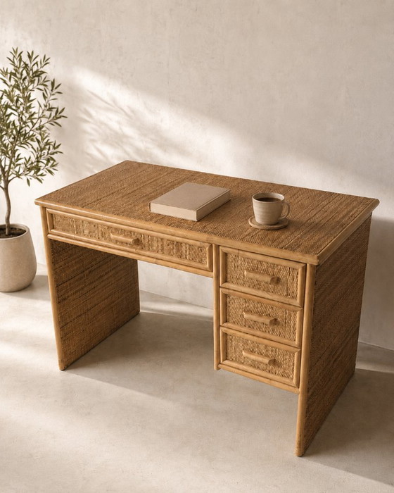 Image 1 of Scrivania vintage in bambù e rattan in stile boho chic