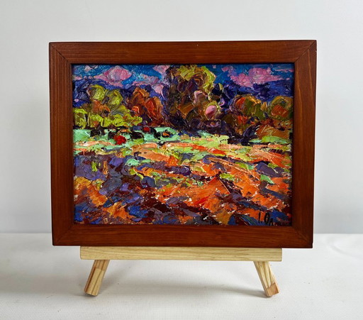Original Oil Painting Sunset Field Landscape Autumn evening meadows