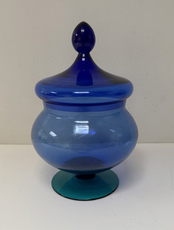 Image 1 of Bonbonnière en verre bleu Empoli vintage | Conception italienne