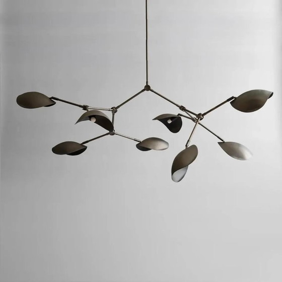 Image 1 of Stingray Brass Mid Century Modern Chandelier, Handcrafted 8 Arm Sputnik Light Fixture, Custom Curved Disk Multi Shade Large Ceil