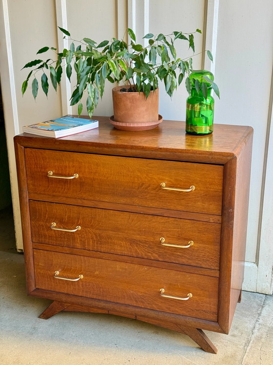 50s/60s Vintage Wooden Dresser with Compass Legs, Chest of drawers, Gold, Mid Century Modern (photo 2 of 17)
