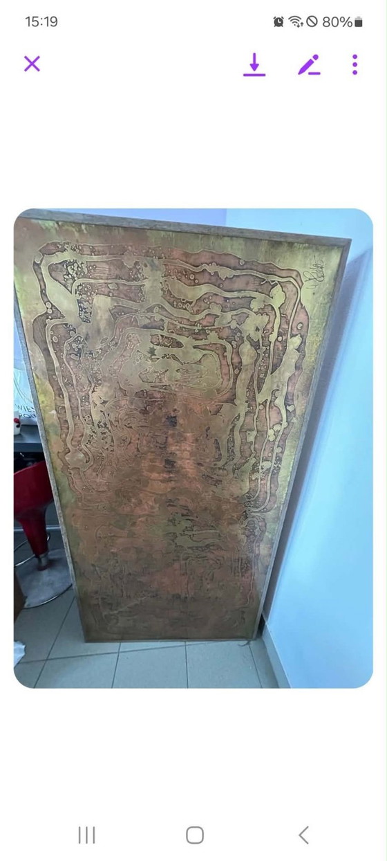 Image 1 of Rare Brutalist Coffee Table by W. Sadeghi - Acid-Etched Brass & Copper - 1970s